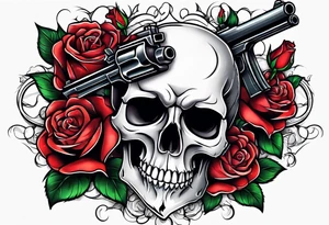 skull with a gun a  rose and a heart tattoo idea