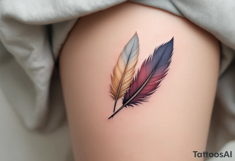 Three feathers in pastel blue, pale gold, and deep burgundy, gently floating together in the wind. tattoo idea