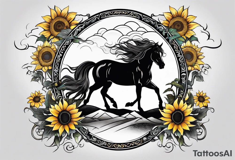 Yggdrasil tree, horse in front of it, and sunflowers tattoo idea