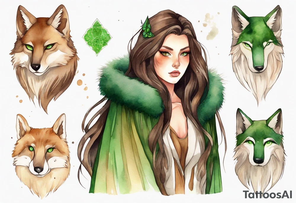 a tan woman with long brown hair  and green eyes wearing a fur cloak tattoo idea