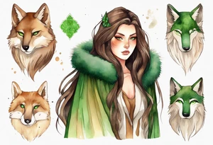 a tan woman with long brown hair  and green eyes wearing a fur cloak tattoo idea