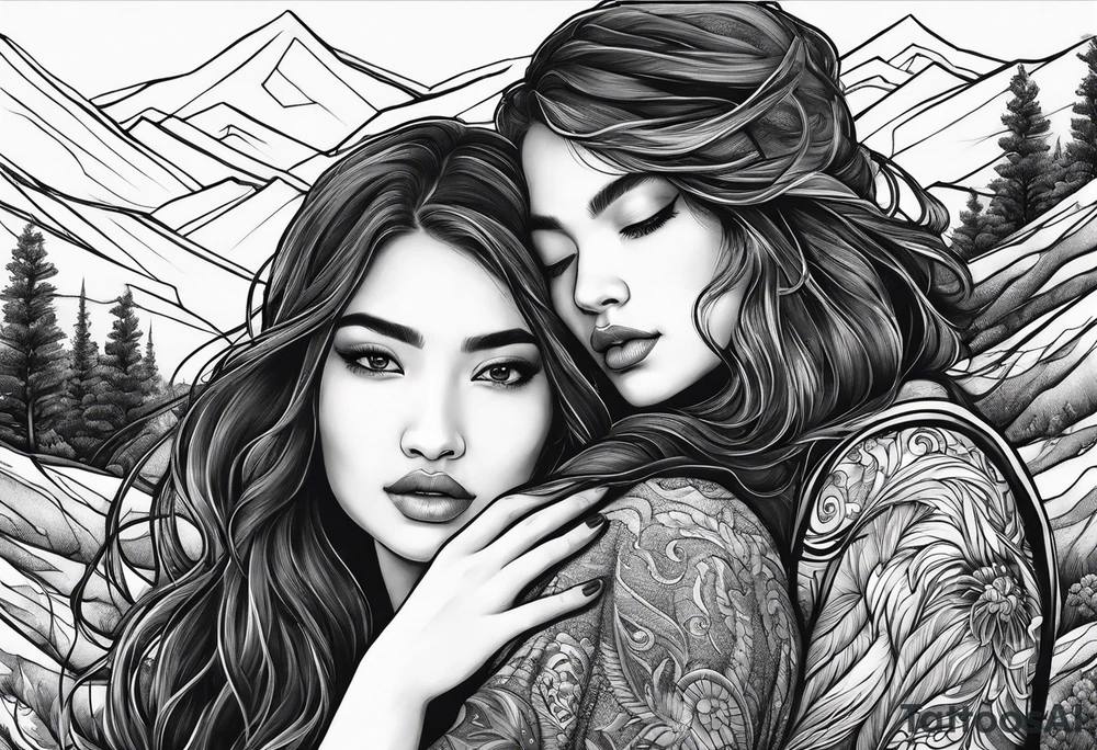 two sisters and bigger brother hugging together walking up hill through storm tattoo idea
