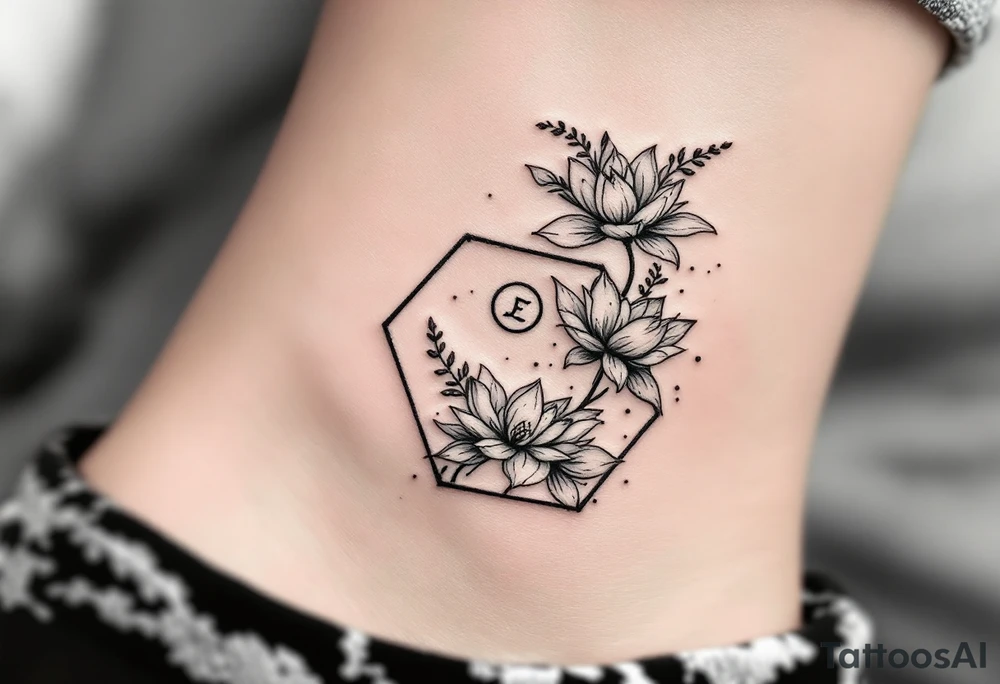 hexagon with Leo astrological symbol surrounded by larkspurs and water lilies tattoo idea