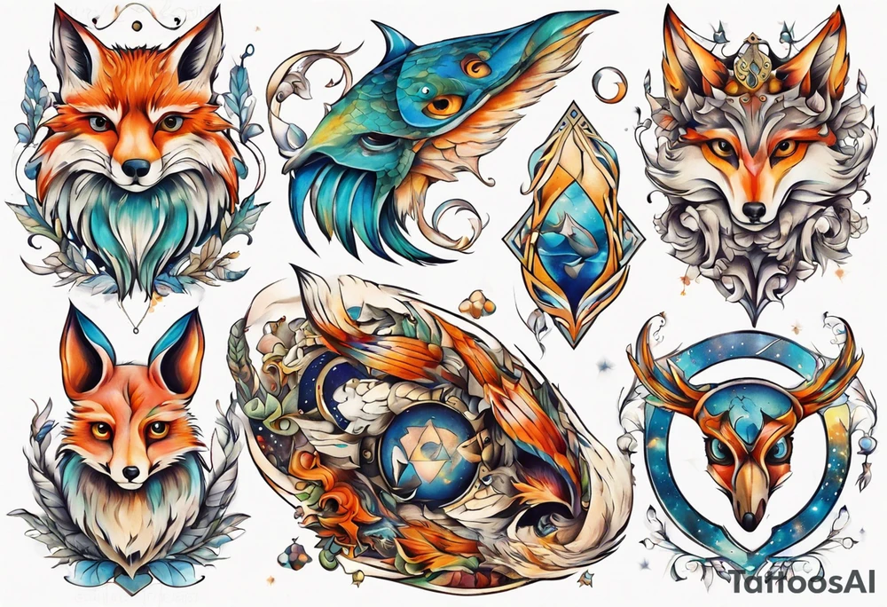 fisch, fuchs und eule , symetrie universum, bunt tattoo idea