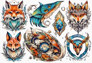 fisch, fuchs und eule , symetrie universum, bunt tattoo idea
