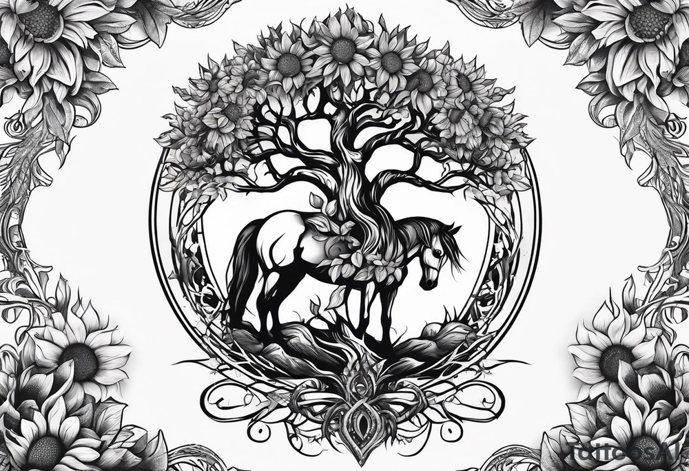 Yggdrasil tree, horse, sunflower tattoo idea