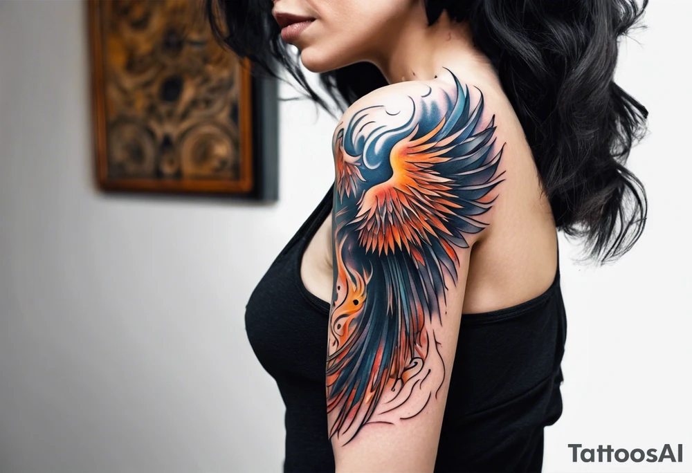 Sleeve tattoo on a woman's arm. Phoenix tattoo idea