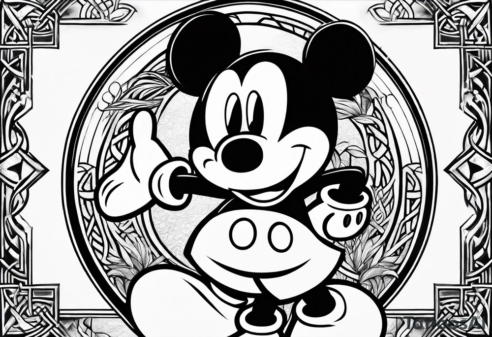 mickey mouse doing martial arts with palm trees, lightning and the celtic symbol for family tattoo idea