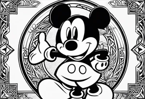 mickey mouse doing martial arts with palm trees, lightning and the celtic symbol for family tattoo idea