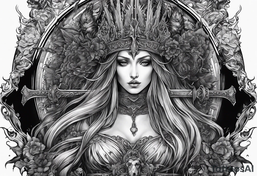 the goddess nemesis long sword scary blood hell tattoo idea