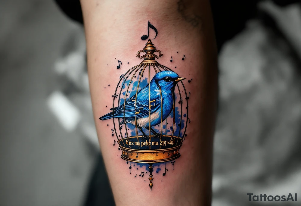 "Kdyz ptacka lapaji, pekne mu zpivaji." — A bluebird in a gilded cage made of musical notes, with the proverb arched in fine black ink above. tattoo idea