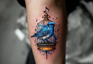 "Kdyz ptacka lapaji, pekne mu zpivaji." — A bluebird in a gilded cage made of musical notes, with the proverb arched in fine black ink above. tattoo idea