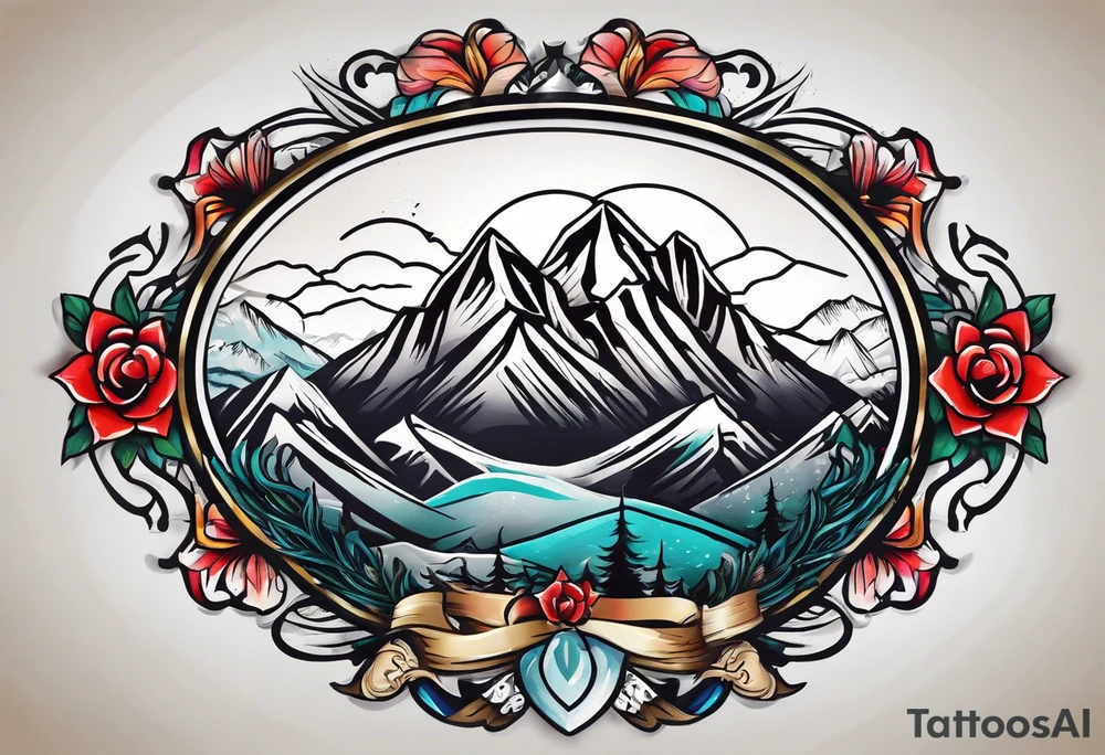 Chef knive with mountain range on the blade tattoo idea