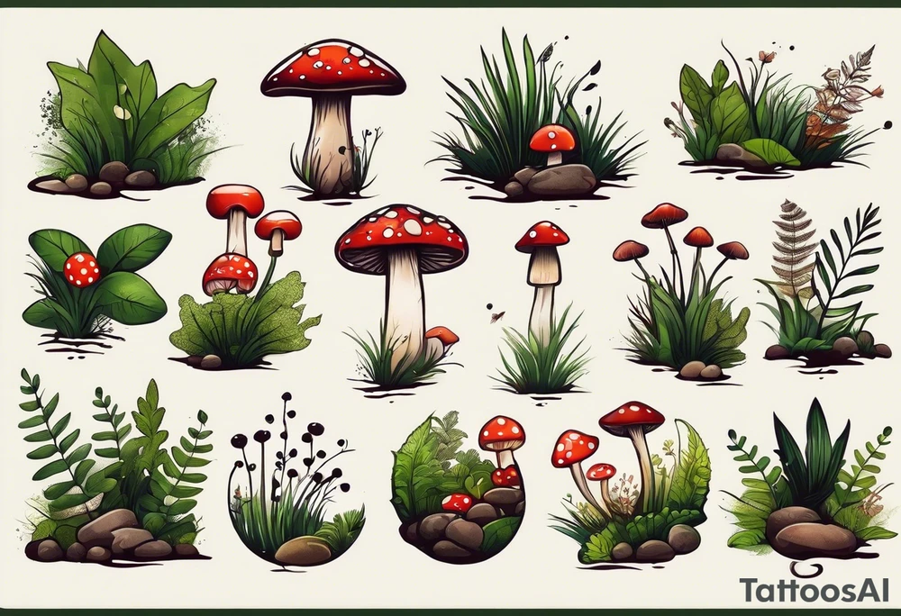 minimalistic forest floor inspired tattoo, which includes grass, moss, curly ferns and dead leaves as the bulk of the tattoo. details to include: forest berries, couple of very small brown mushrooms, a tiny bumblebee flying nearby tattoo idea
