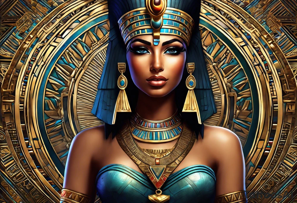 Egyptian figure girl. The figure should be full, with legs, featuring a regal headdress and detailed facial markings reminiscent of ancient Egyptian art. Include mystical and symbolic elements such as the Eye of Horus and ankh, blending subtly with geometric background patterns. 
Hyperrealism tattoo idea