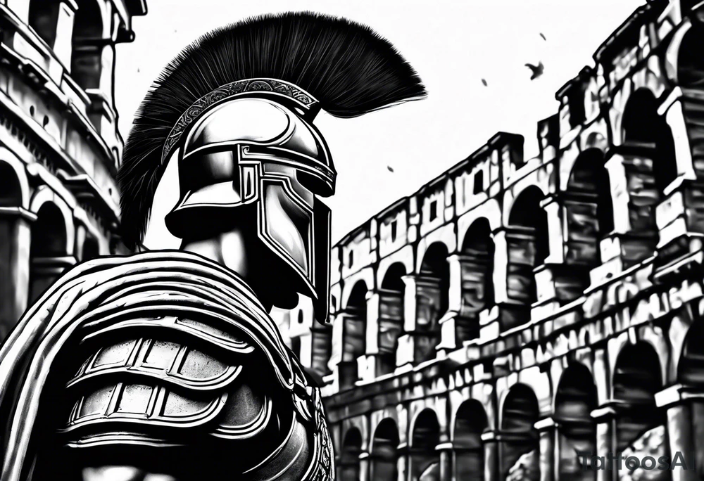 Side profile of spartan soilder looking at Roman colosseum tattoo idea