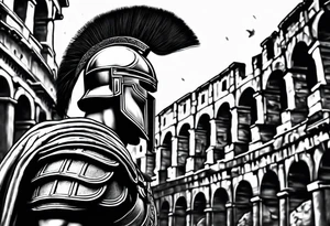 Side profile of spartan soilder looking at Roman colosseum tattoo idea