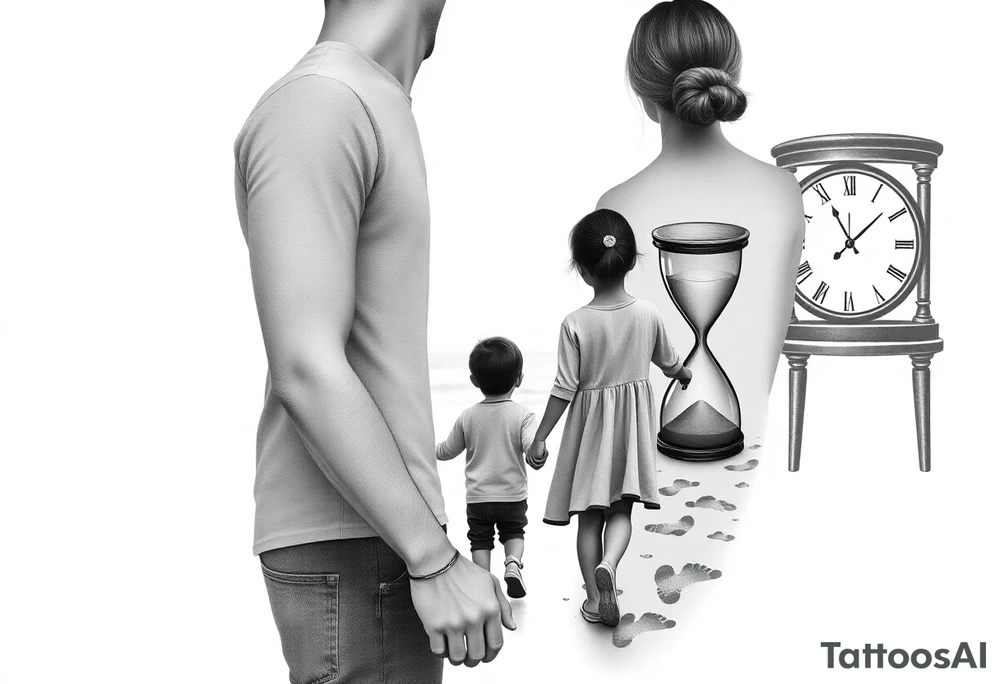 My girlfriend and I with our two children, a slightly older boy and a little girl walking with her back towards the horizon.

2. Hourglass:

Integrate an hourglass into the tattoo

The sand could flow, forming footprints or memories.

Place an old clock in the background or integrated into the hourglass tattoo idea