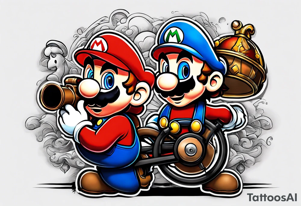 Mario brothers with ghosts and goombas with canons tattoo idea