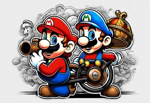 Mario brothers with ghosts and goombas with canons tattoo idea