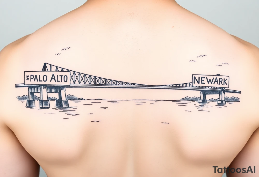 A bridge over water with two cities on the side. The city signs on the side of the bridge. East Palo Alto on the left and Newark on the right tattoo idea