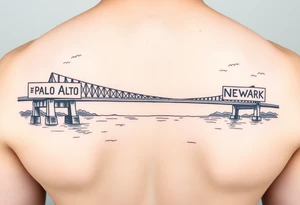 A bridge over water with two cities on the side. The city signs on the side of the bridge. East Palo Alto on the left and Newark on the right tattoo idea