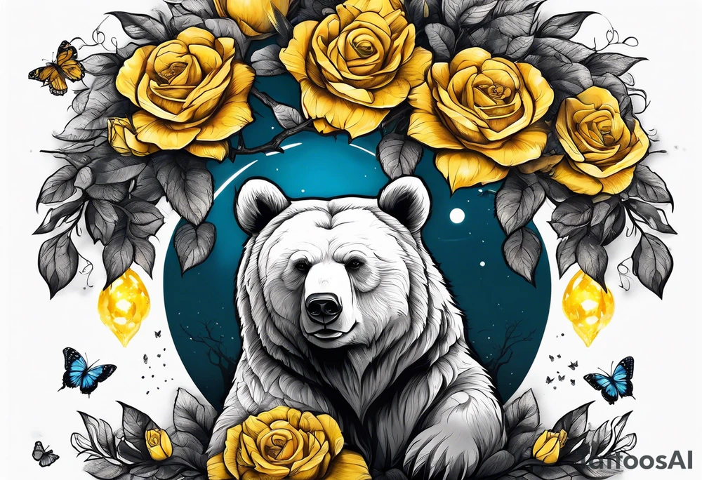 A bear sitting under the tree of life with three yellow roses, and three butterflies tattoo idea