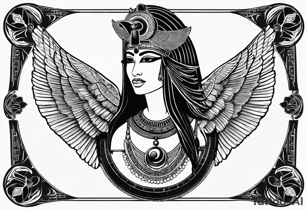 black and white Egyptian goddess Isis, who is often depicted as a woman with outstretched wings, holding an ankh (a symbol of life) in one hand and a lotus flower in the other. Her headdress often includes a throne or a solar disk. The tattoo design can vary in style and size, but it typically aims to capture the essence of this revered Egyptian deity, emphasizing her beauty, power, and maternal qualities. The choice of colors and additional elements can also be customized to create a unique and visually striking representation of the goddess Isis tattoo idea