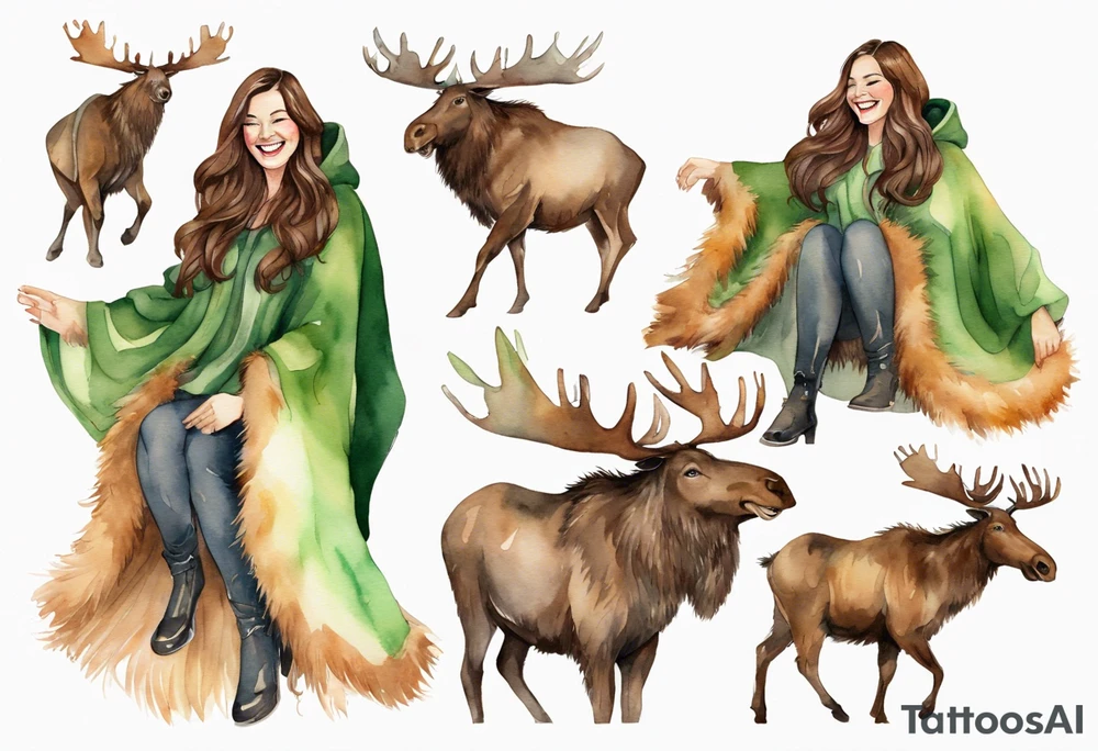 a watercolor of a curvy woman with long brown hair and light brown skin and green eyes wearing a fur cloak laughing riding a moose tattoo idea