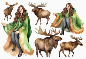a watercolor of a curvy woman with long brown hair and light brown skin and green eyes wearing a fur cloak laughing riding a moose tattoo idea
