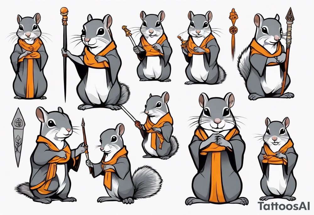 a grey squirrel dressed as a monk holding a silver spear tattoo idea