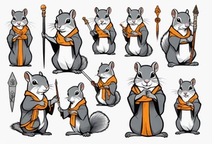 a grey squirrel dressed as a monk holding a silver spear tattoo idea