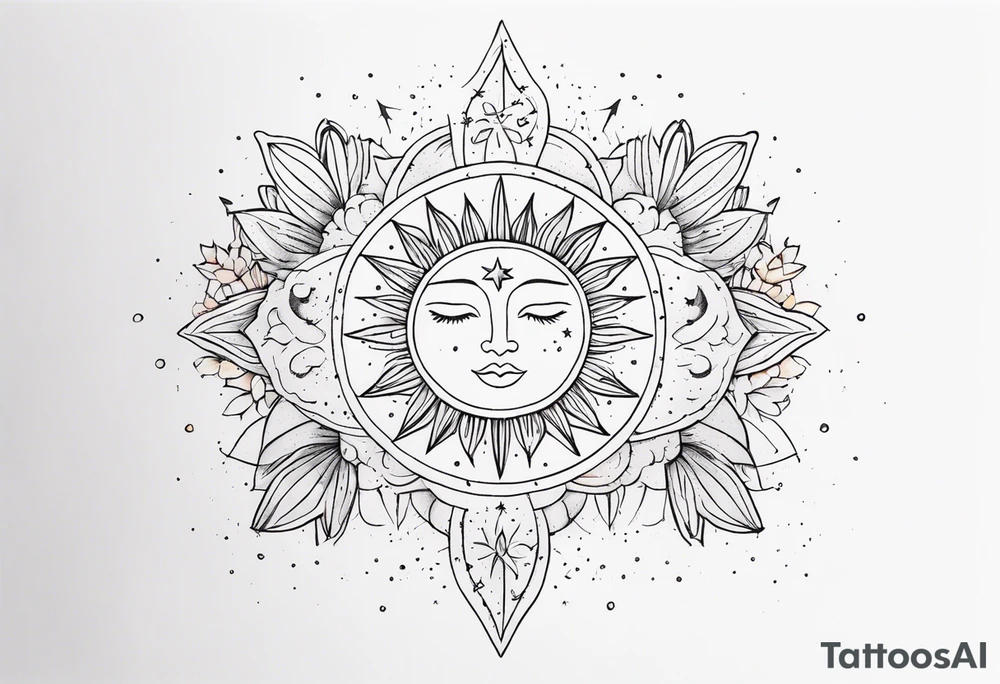fine line with sun, stars, floral, dots. Sternum tattoo tattoo idea