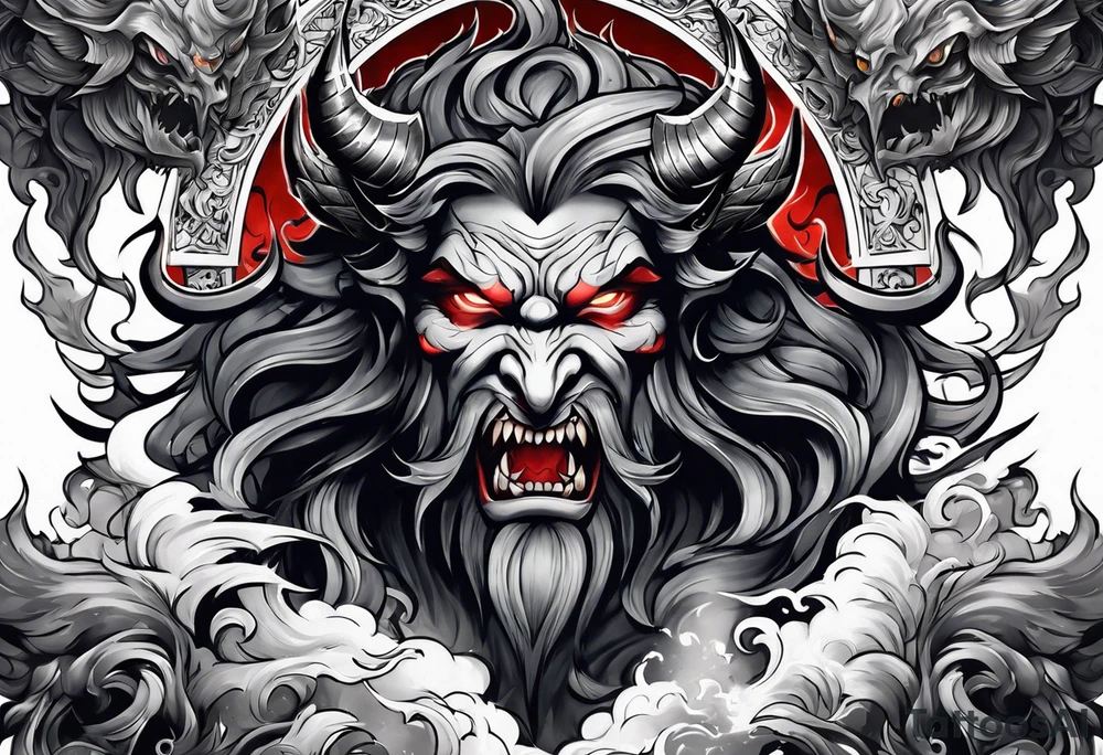 Backout tattoo of Hades fighting demons half-sleeve tattoo idea