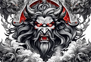 Backout tattoo of Hades fighting demons half-sleeve tattoo idea