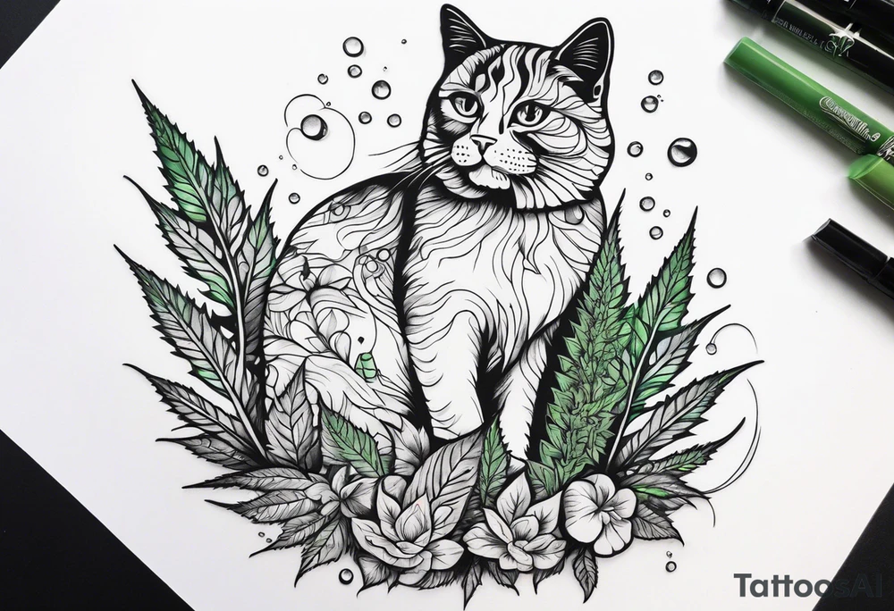 Cannabis plant with mushrooms pothos. A cat. Use negative space to show the sun. A cat, and crystals tattoo idea