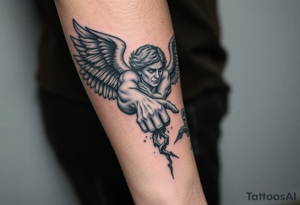 Angel grabing for mans hand ass he's being pulled to hell by demons tattoo idea