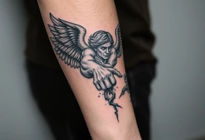 Angel grabing for mans hand ass he's being pulled to hell by demons tattoo idea
