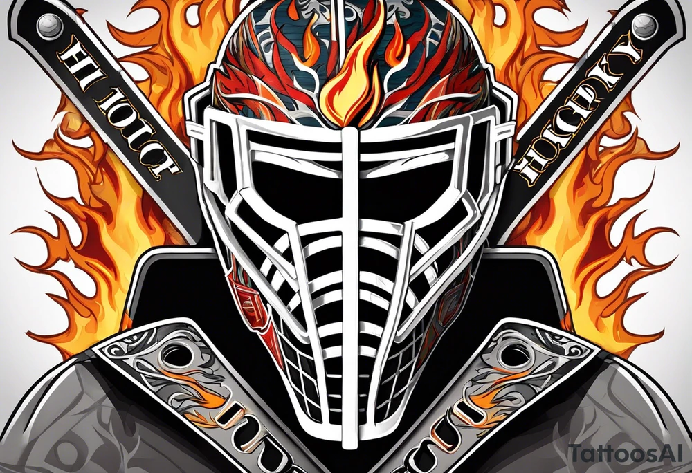 goalie mask with crossed hockey sticks and flames that says "SHOT HOCKEY" tattoo idea