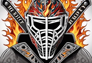 goalie mask with crossed hockey sticks and flames that says "SHOT HOCKEY" tattoo idea