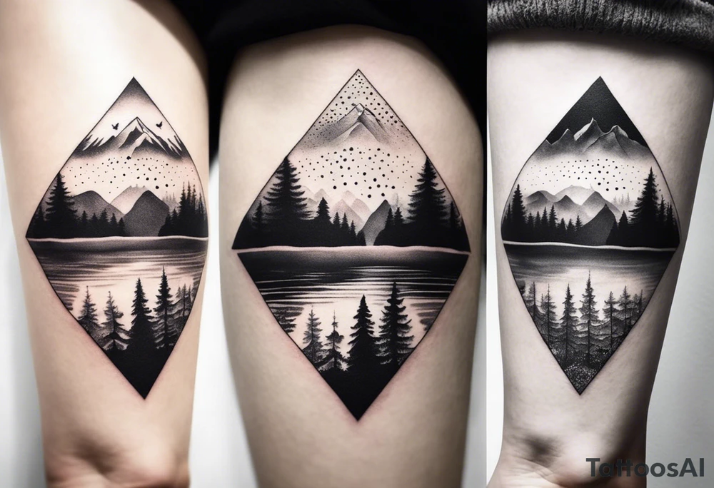 Design a symmetrical tattoo featuring a serene mountain landscape with a winding river and delicate trees, creating a balanced and harmonious composition tattoo idea
