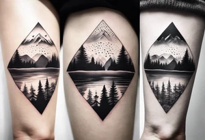 Design a symmetrical tattoo featuring a serene mountain landscape with a winding river and delicate trees, creating a balanced and harmonious composition tattoo idea