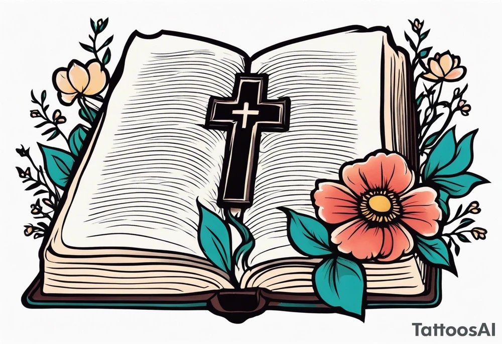 front of bible with cross on bible surrounded by flowers tattoo idea