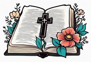 front of bible with cross on bible surrounded by flowers tattoo idea