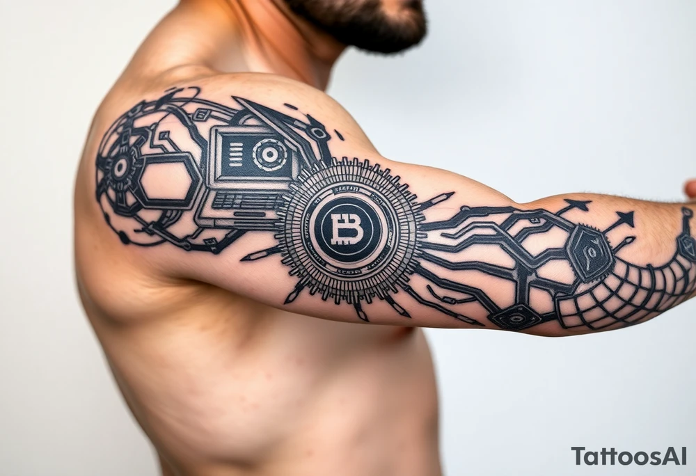 Bio-Mechanical internal computer, binary code, symbolism for 6 kids, 5 boys and youngest is a girl tattoo idea