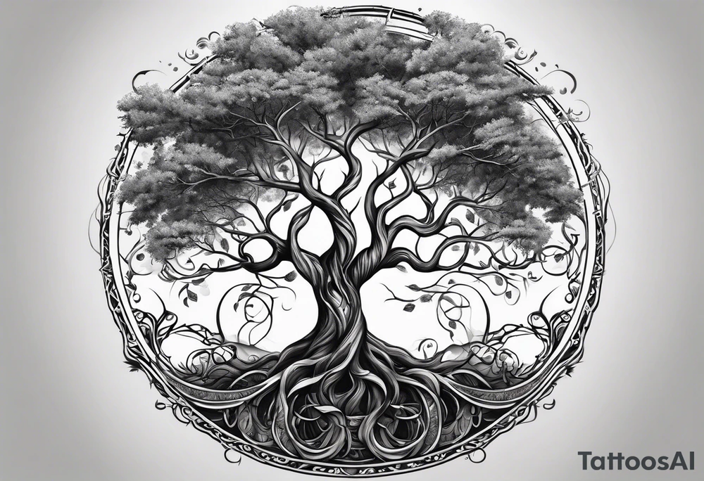 circle of life tree with the roots of the tree wrapped around a hour glass tattoo idea