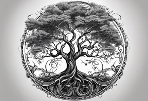 circle of life tree with the roots of the tree wrapped around a hour glass tattoo idea