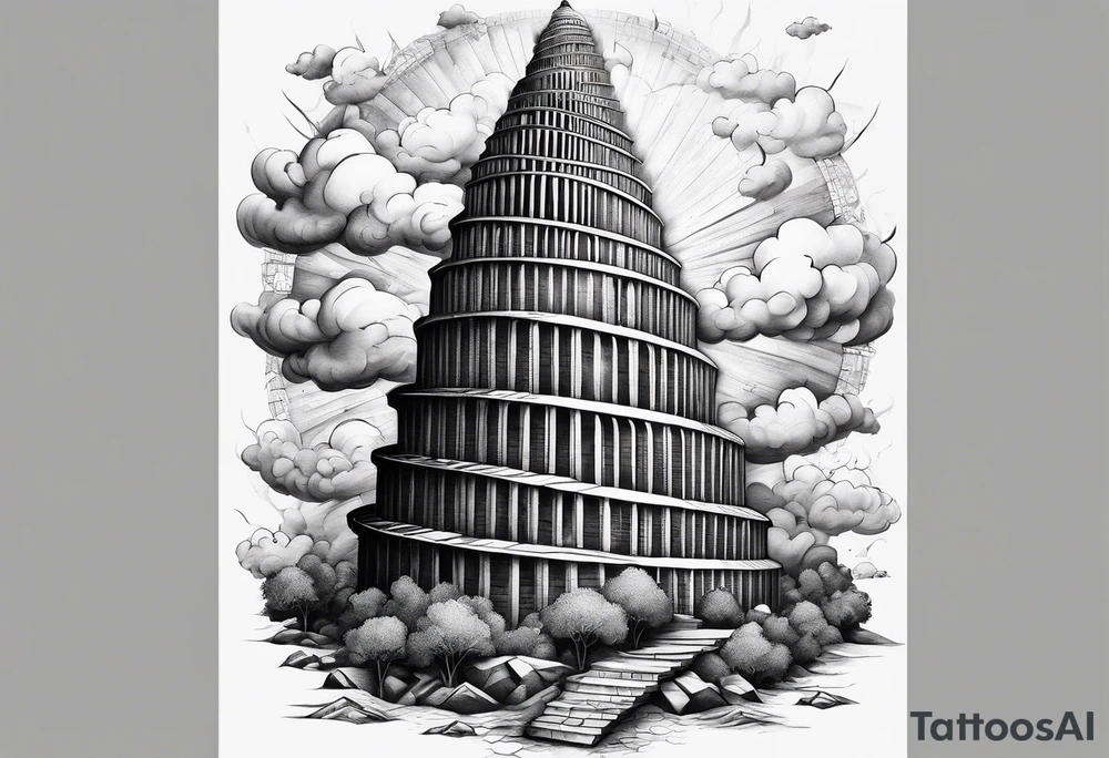 a surrealistic representation of the babel tower in the big bang tattoo idea