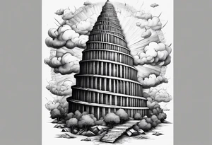 a surrealistic representation of the babel tower in the big bang tattoo idea