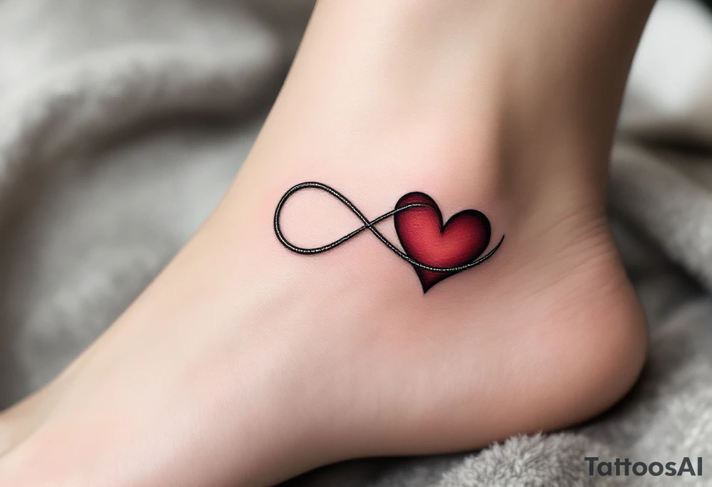 A silver infinity symbol with a deep crimson heart woven into one side. tattoo idea